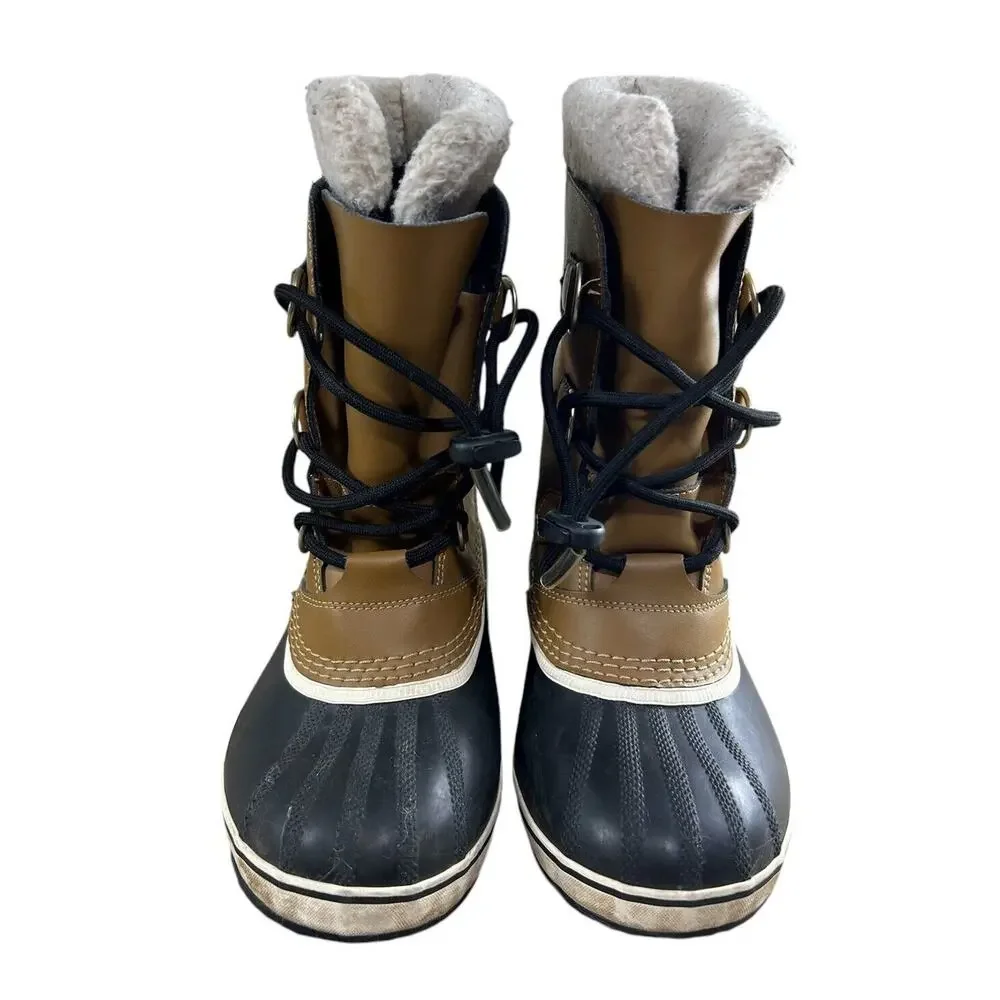 Sorel Snow Winter Duck Boots Women's Sz 4 Tan Leather Lace Up Waterproof Liners